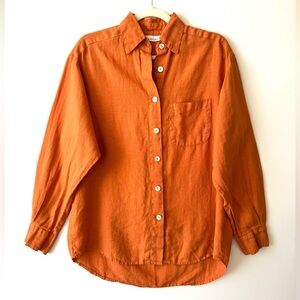 Bryn Walker orange 100% linen button down shirt M